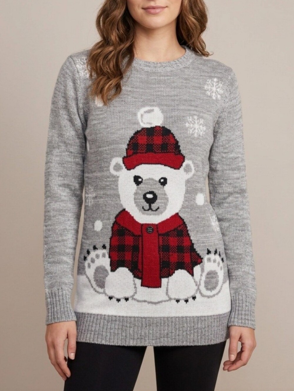 Sz M Snowy Winter Polar Bear Grey Christmas Sweater - Guilty Knitwear